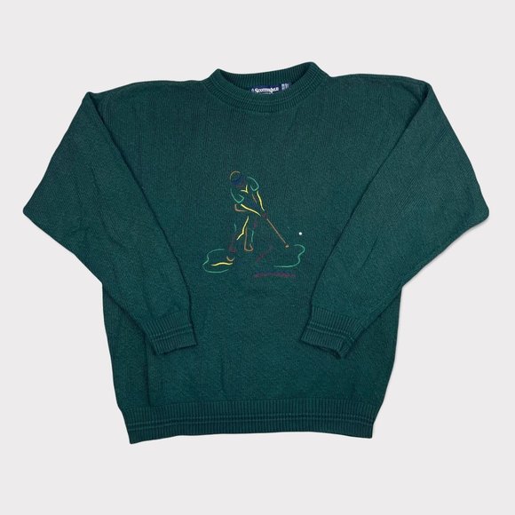 Vintage Scottish Isle Bernette Hand Framed Green Golf Embroidered Sweater USA XL - Picture 1 of 6